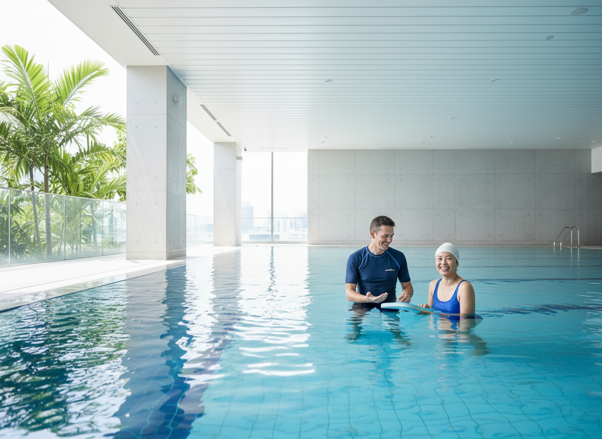 Adult beginner learning to swim with a coach in a bright blue Singapore pool
