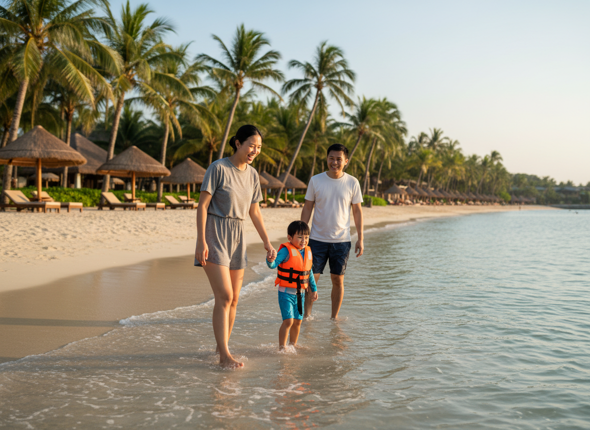 Long weekends 2027 Singapore – family with child in life jacket practising water safety at the beach on a holiday getaway